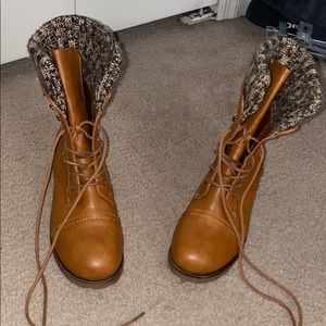 brown combat bots with sweater material on sides